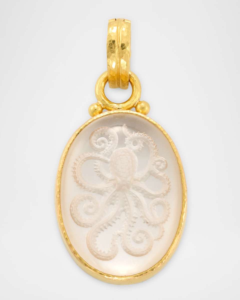 19K Yellow Gold Medium Vertical Oval Rock Crystal Octopus Pendant
